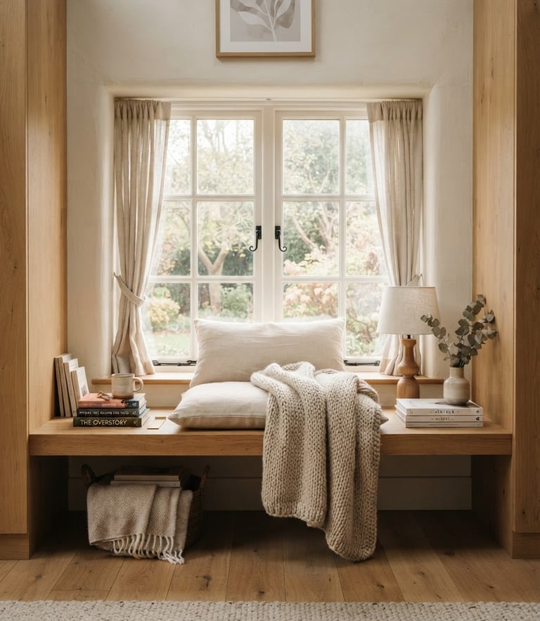 Straight-on architectural shot of a styled reading nook with a built-in oak ledge, soft morning daylight, warm neutral tones
