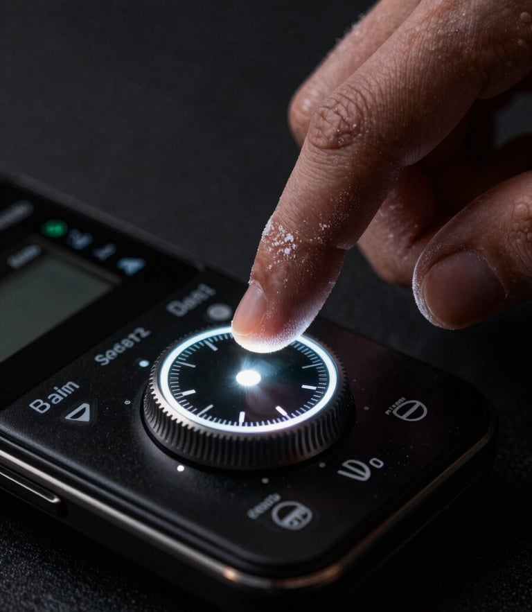 Extreme close-up of a hand with flour-dusted fingers tapping a glowing, high-contrast digital dial on a dark mobile interface, moody side-lighting, deep shadows.
