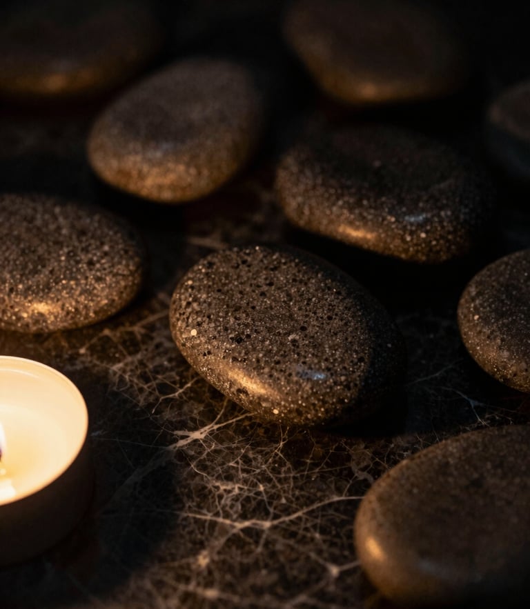 A macro close-up of smooth warm basalt stones resting on dark textured marble, soft golden candlelight casting deep shadows, moody editorial photography, 35mm