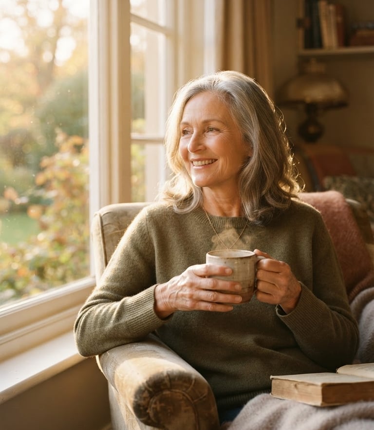 Warm editorial photography of a mature woman smiling serenely by a sunlit window, holding a warm cup of tea, soft golden-hour light, elegant muted earth tones, shallow depth of field.