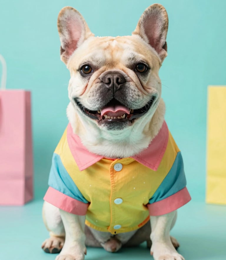 Bright cheerful studio shot of a happy French Bulldog sitting wearing a colorful custom-tailored shirt, soft warm lighting, vibrant teal background accent, 50mm