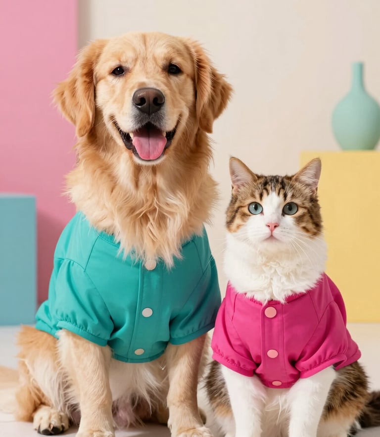 Vibrant studio pet photography, a happy golden retriever and a fluffy calico cat sitting side-by-side wearing matching custom-tailored teal and magenta modern shirts, warm natural daylight, soft colorful background, shallow depth of field, 50mm