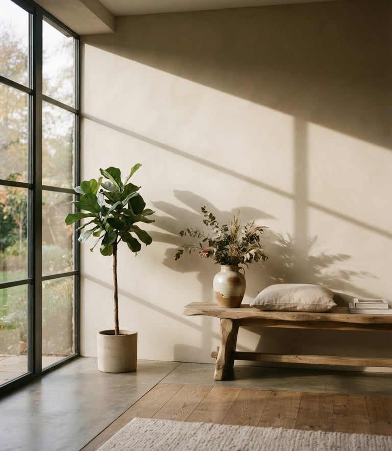 Warm architectural photography of a minimalist room, soft natural window light casting long shadows on a warm putty wall, 35mm