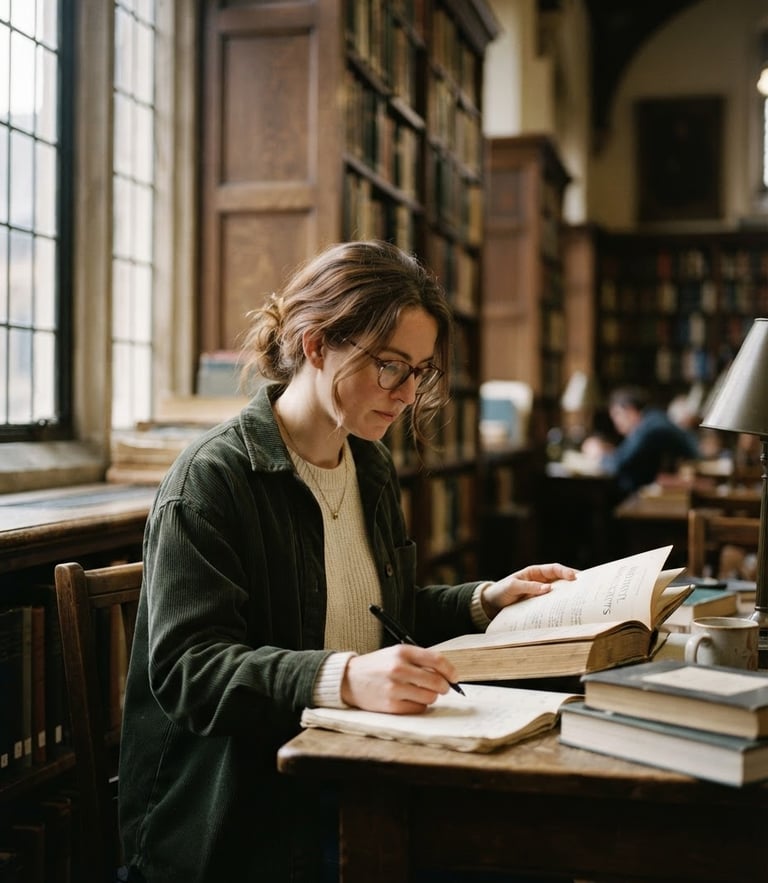 A natural portrait of a female academic researcher in a soft-lit university library, surrounded by bookshelves, shallow depth of field, editorial photography, 35mm.