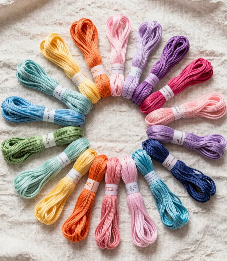 Overhead flat-lay of pastel DMC embroidery floss skeins arranged in a neat color wheel on textured linen, soft natural daylight.