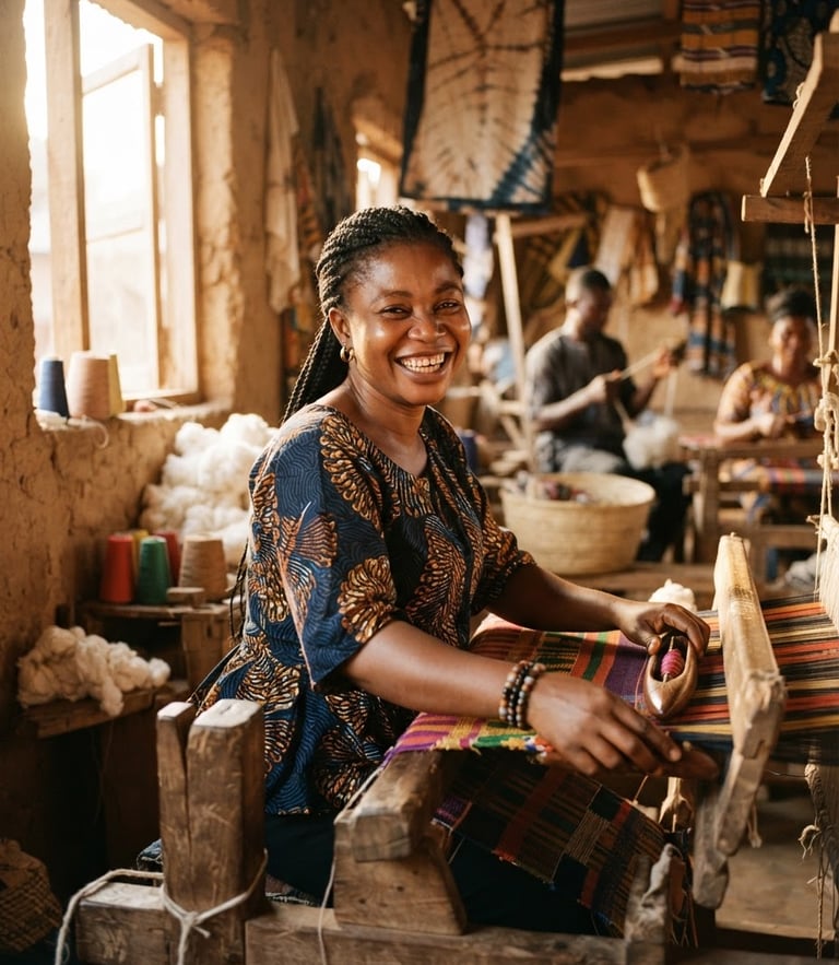 Warm editorial portrait of a West African woman smiling in a sunlit community workshop, natural golden-hour daylight, rich earthy tones, medium format film.