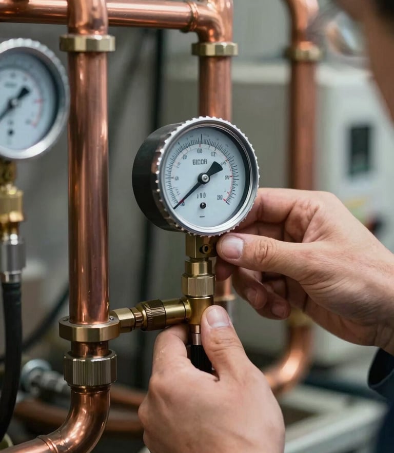 Close-up of a technician's hand adjusting a digital manifold gauge connected to clean copper refrigeration lines, crisp cool work light, high-contrast mechanical details.