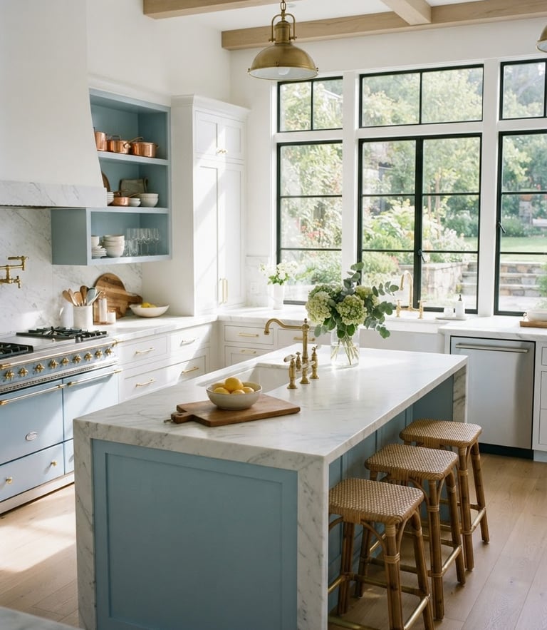 A sunlit luxury kitchen with polished marble countertops, natural light streaming through large windows, bright interior photography, 35mm