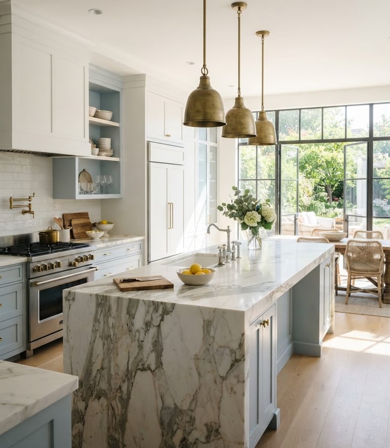 Bright interior photography of a luxurious sunlit kitchen with polished marble countertops, natural daylight, sharp focus, 35mm