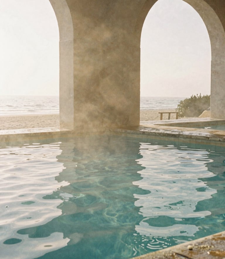 Warm editorial photography of a sun-drenched stone thermal pool with soft morning light filtering through high arches, rippling water, minimal composition, 35mm film