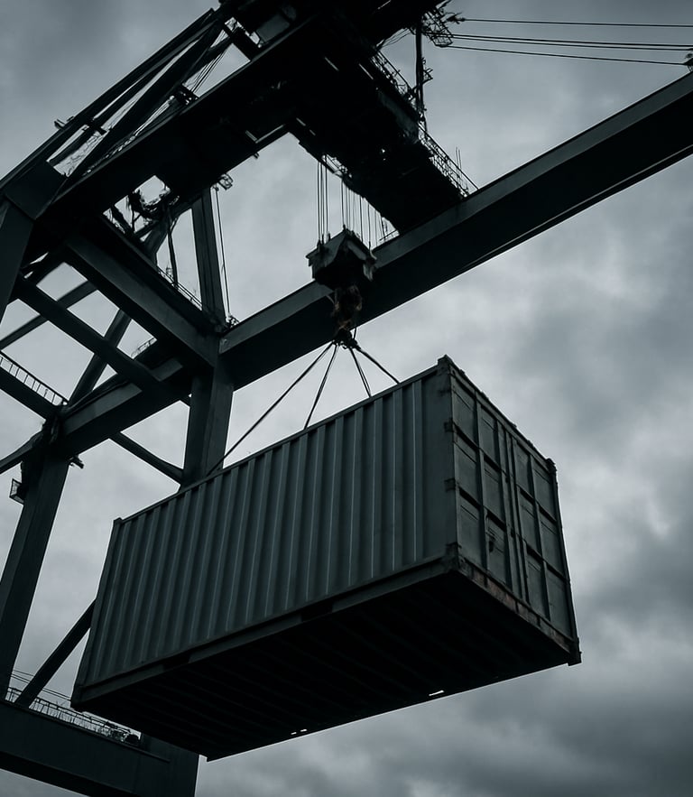 Low-angle high-contrast shot of a steel shipping container being hoisted by a port crane under overcast maritime skies, industrial crane structure framing the shot.