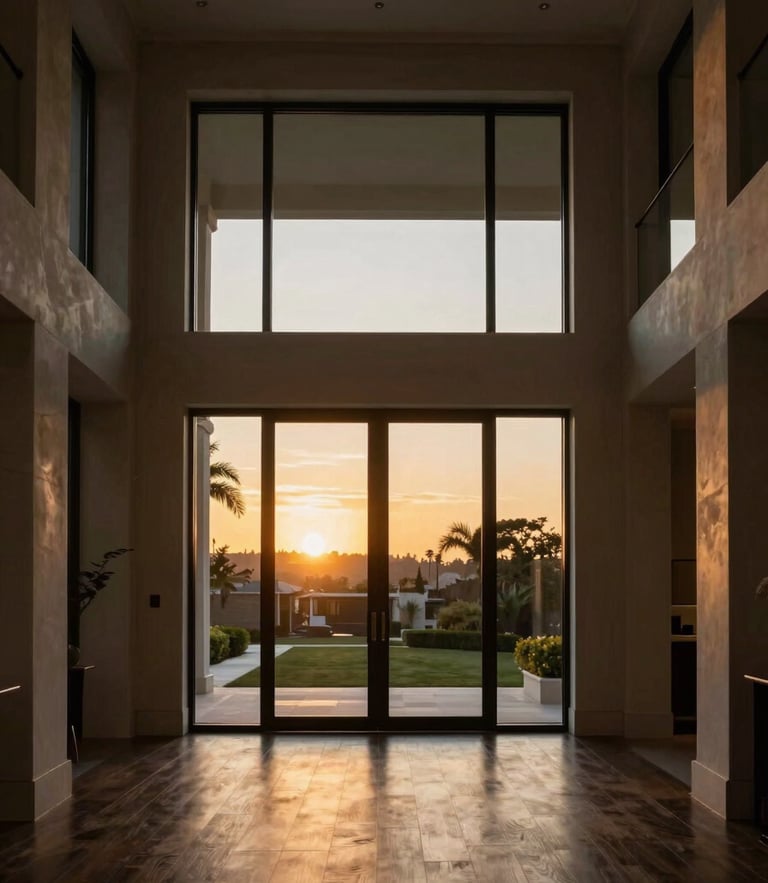 Straight-on architectural photography of a luxury California home interior, warm golden-hour light streaming through large windows, clean lines, rich dark tones.