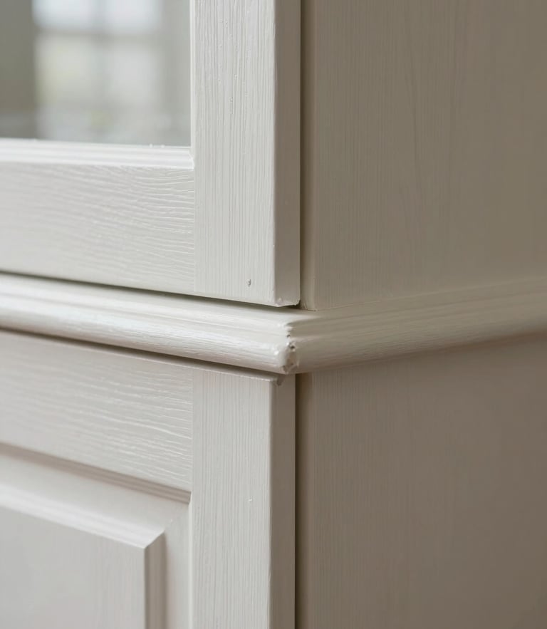 Meticulous close-up of a crisp paint-to-trim transition on a custom white oak cabinet joint, soft natural window light.
