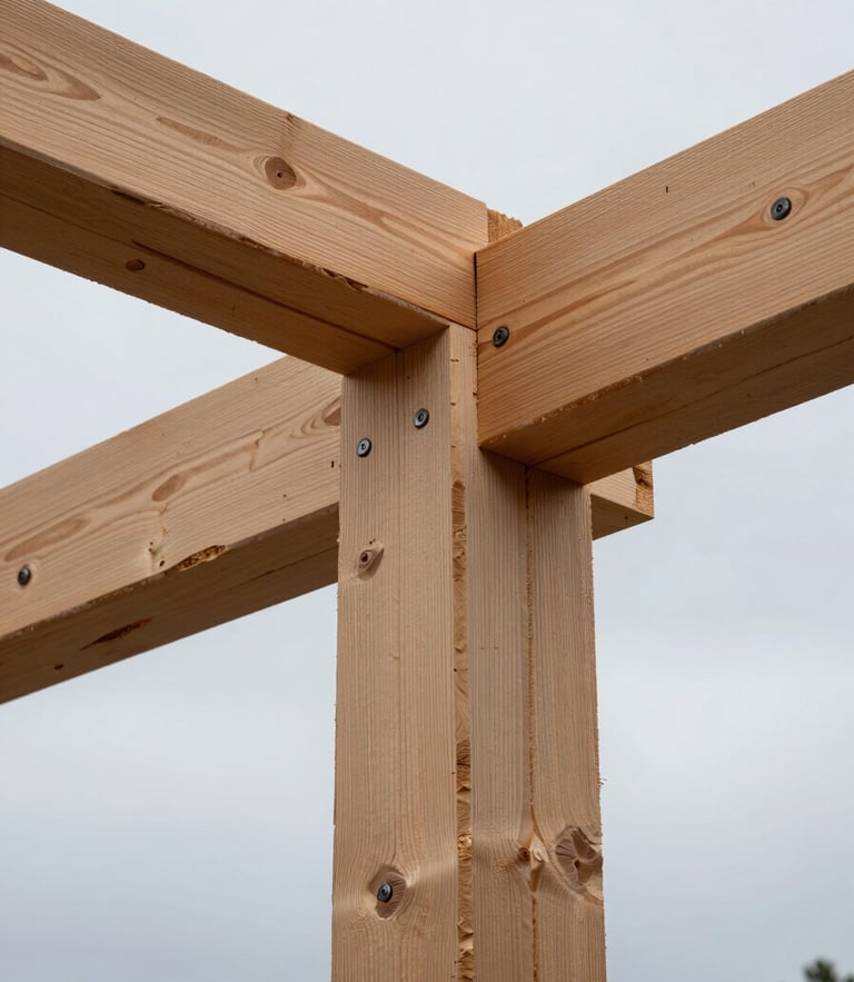 Close-up of exposed Douglas-fir timber framing against a soft overcast Oregon sky, clean structural joints and heavy bolts visible.