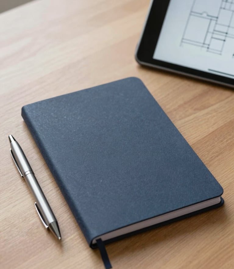 Notebook and pen on a solid wooden desk next to a tablet showing clean operational diagrams, soft natural side light, editorial corporate photography