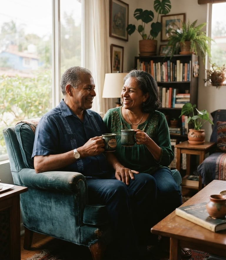 A serene, smiling retired Mexican couple in their early 60s sitting in a sunlit living room, holding a warm cup of coffee, soft window light, warm editorial photography, 35mm