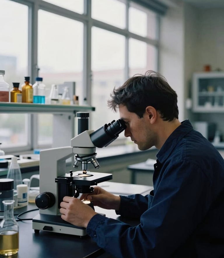 A focused researcher working with a microscope in a clean, brightly lit modern university laboratory, natural window light, deep navy tones, editorial style, 35mm