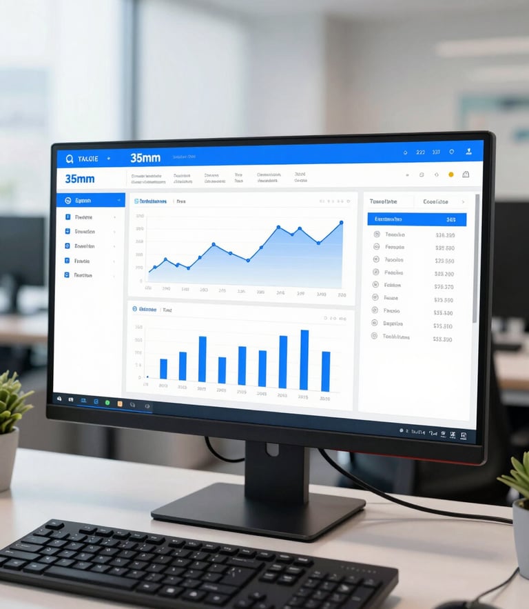 A clean, modern ERP dashboard on a desktop monitor in a bright Egyptian corporate office, displaying financial charts and tax compliance status, professional tech environment, sharp focus, 35mm