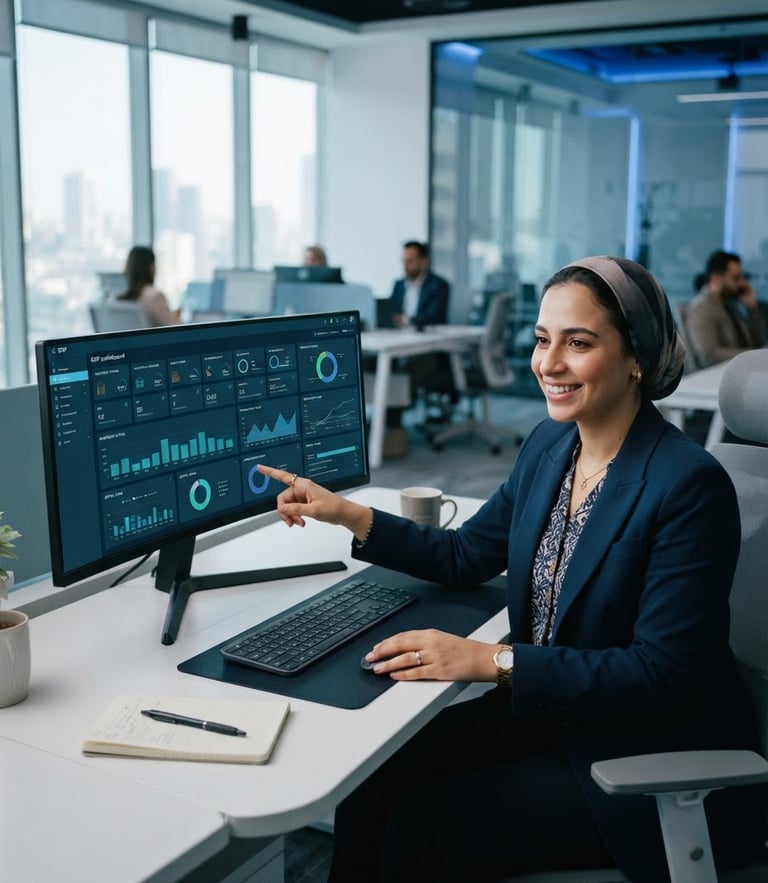 Mid-shot of a professional Egyptian engineer in a well-lit modern office, interacting with an ERP dashboard interface on a clean screen, cool daylight with subtle blue accents, 35mm photography