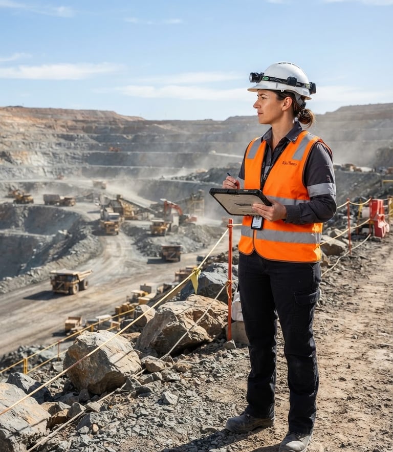 sharp industrial photography, bright clear daylight, a mining engineer wearing safety-orange high-visibility vest and a certified white hardhat looking toward the left, technical composition, 35mm
