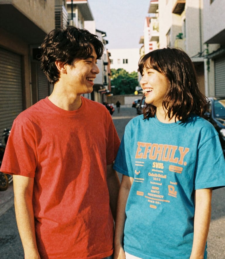 Candid 35mm film photo of a young couple laughing in a sunlit urban alley, wearing colorful graphic t-shirts, warm golden-hour light