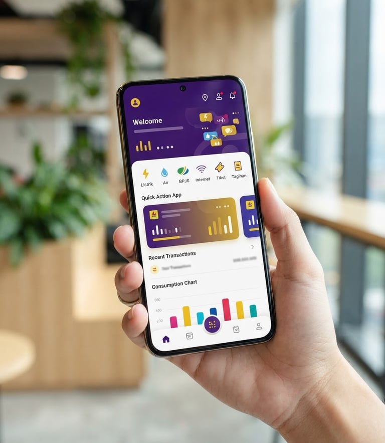 A clean tech mockup of a smartphone displaying a local Indonesian utility app, natural bright lighting, purple and gold accents