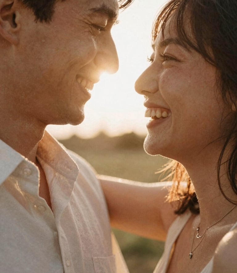 Intimate close-up of a couple laughing, warm sun-drenched backlight, soft natural lens flare, golden hour, 35mm film look