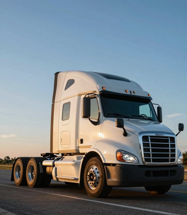 Low-angle heroic shot of a clean semi-truck cab on an open American highway during golden hour, high-contrast natural light, 35mm
