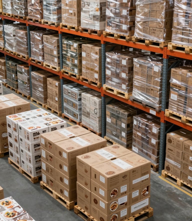 Clean, high-end industrial warehouse interior in daylight, organized pallets of imported food boxes with clear Asian brand labels, high-angle structured composition.