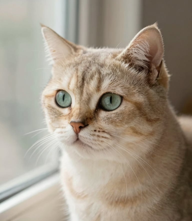 Macro eye-level shot of a cat waiting expectantly, soft window daylight, warm cream and sage tones, shallow depth of field