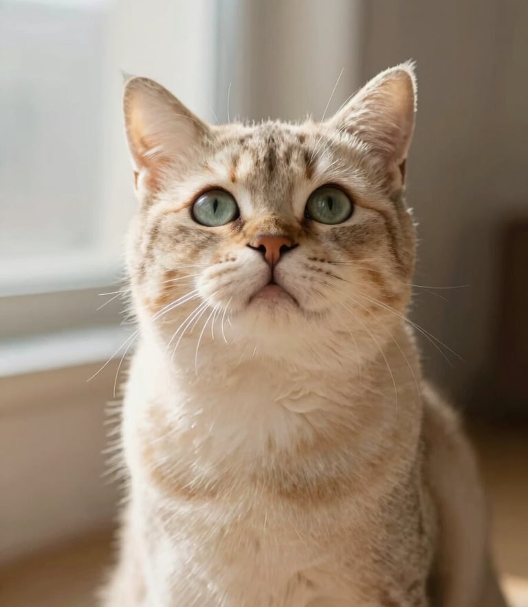 A close-up shot of a majestic domestic cat waiting in soft morning daylight, looking up with anticipation, warm editorial style, shallow depth of field