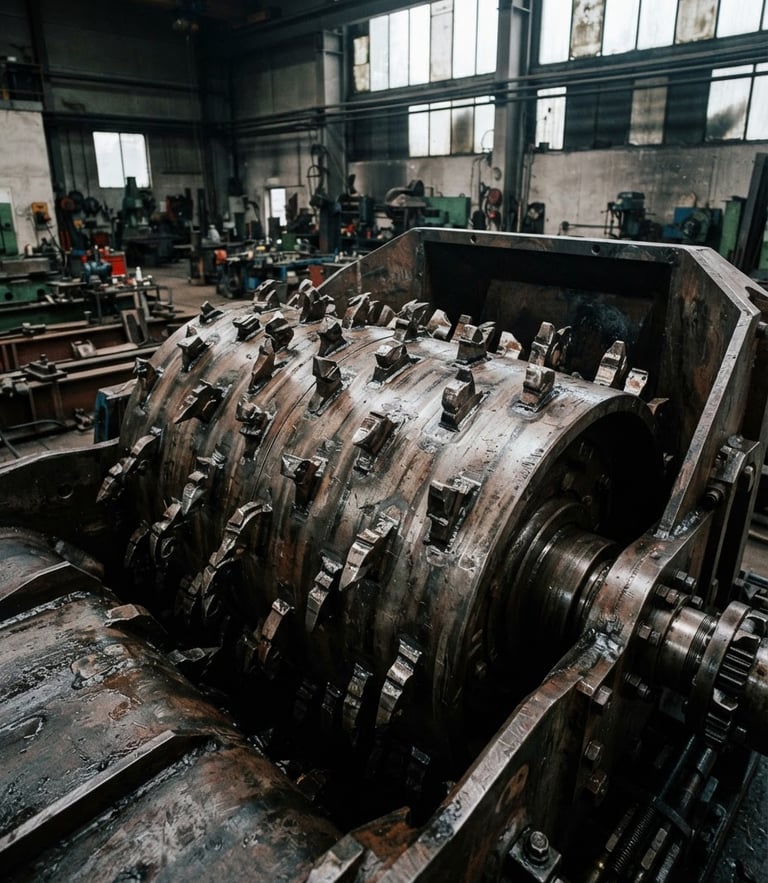 Low-angle close-up of a massive raw steel cutting drum inside the Bavarian assembly hall, sharp metal teeth, cold steel tones, rugged industrial photography.