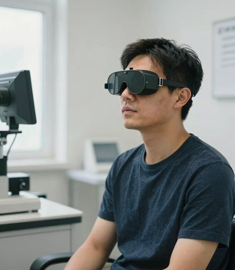 A patient wearing state-of-the-art videonystagmography goggles, sitting in a stable position in a bright medical office, soft daylight, clinical setting.
