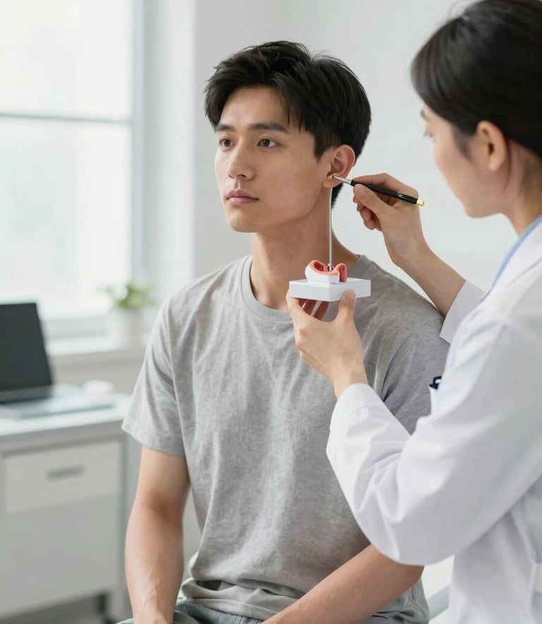 Seated patient in a bright, modern clinical room, looking forward with a calm expression, an otolaryngologist in a white coat explaining a detailed physical model of the inner ear, soft diffused daylight, stable eye-level shot.