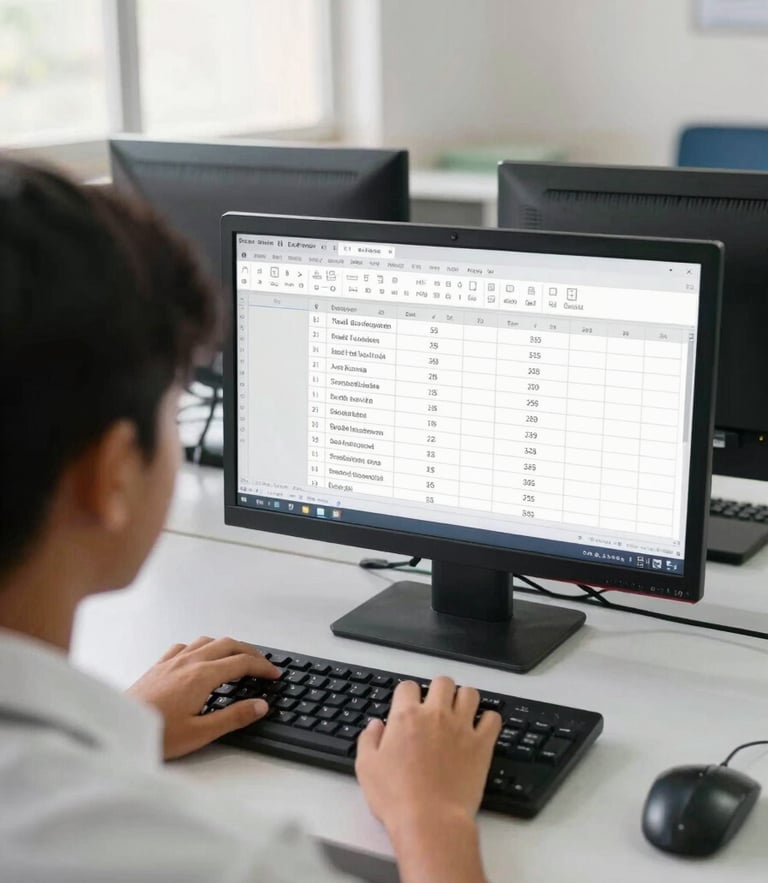 Over-the-shoulder view of a student practicing Excel formulas on a desktop computer in a bright, clean Lucknow classroom, natural daylight, 35mm