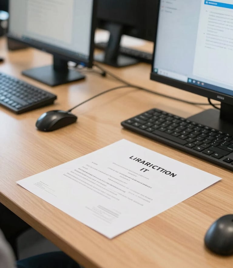 Bright classroom photography, natural daylight, authentic computer lab setting, close-up of a student printed IT diploma on a clean wooden desk, realistic tones, 35mm