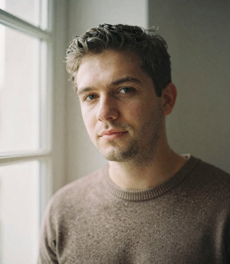 A candid, unposed portrait of Eugen Mîrtz in soft, natural window light, looking slightly away from the camera, warm earth tones, 35mm film style.
