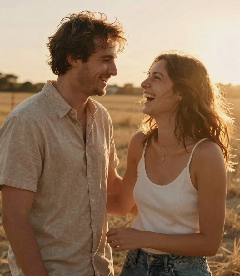 Cinematic warm lifestyle portrait of a couple laughing together in a sun-drenched golden hour field, backlit, candid 35mm
