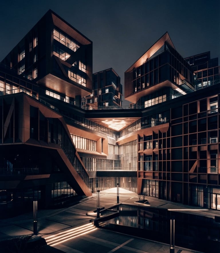 Abstract architectural drawing of a modern commercial development with clean geometric lines, sharp shadows, and subtle blueprint gridlines in deep navy and warm copper tones, 35mm photography