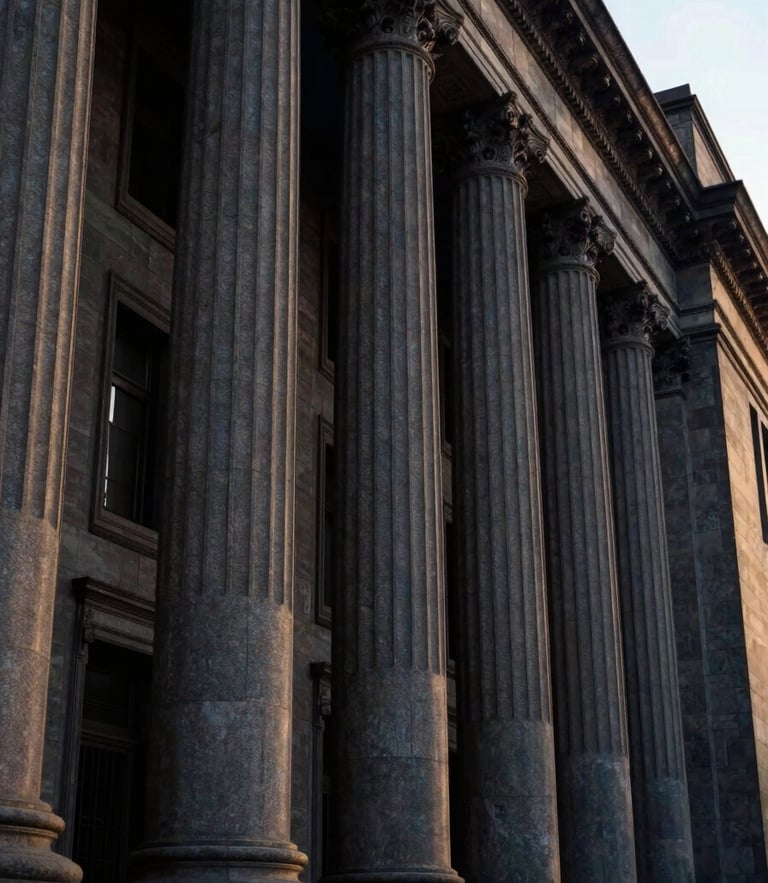 Low-angle architectural shot of the clean, imposing stone columns of a federal court in Mexico City, dramatic side-lighting, deep navy and gold tones, 35mm.
