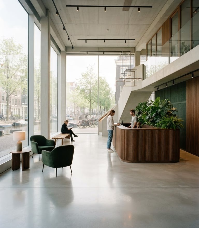 Architectural shot of a light-filled modern Amsterdam office lobby, polished concrete floors reflecting soft Dutch daylight, minimalist wooden furniture
