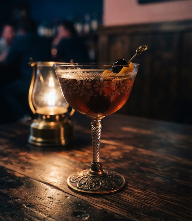 Tight macro shot of a vintage cocktail glass on a dark wooden table, warm candle light reflecting off bronze details, moody film grain.