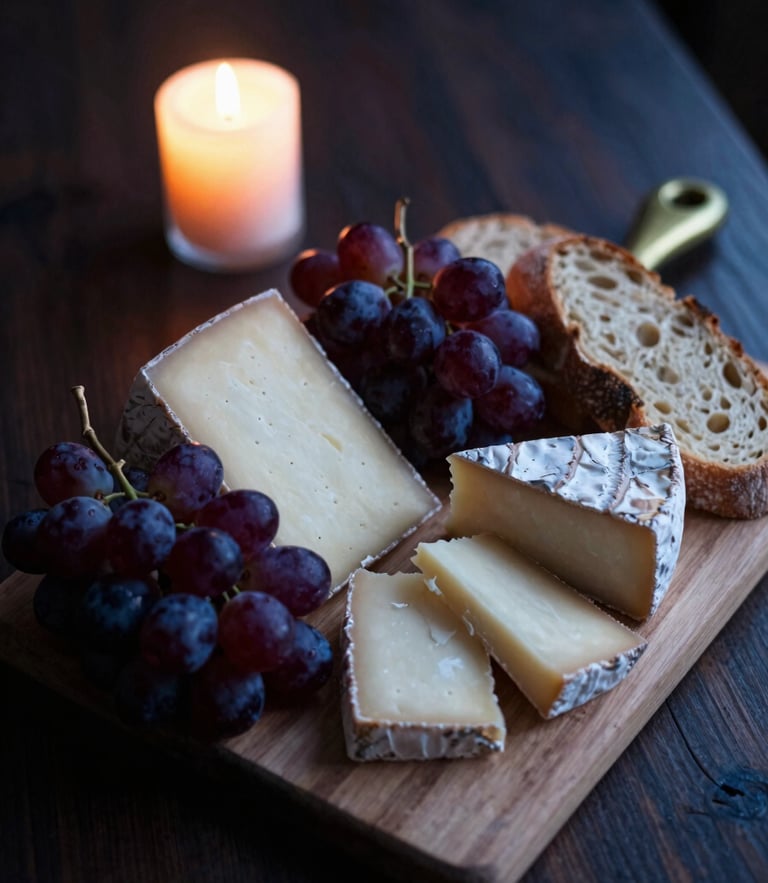 A close-up of a rustic cheese board with dark grapes and artisanal bread on a dark wooden table, warm candlelight, moody shadow play, deep tones