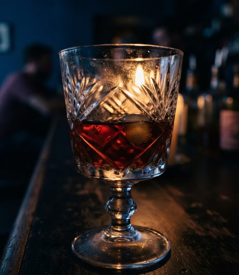 Moody close-up of a vintage cocktail glass filled with dark liquid, reflecting warm amber candlelight, deep blue background, rich shadows, 35mm film style