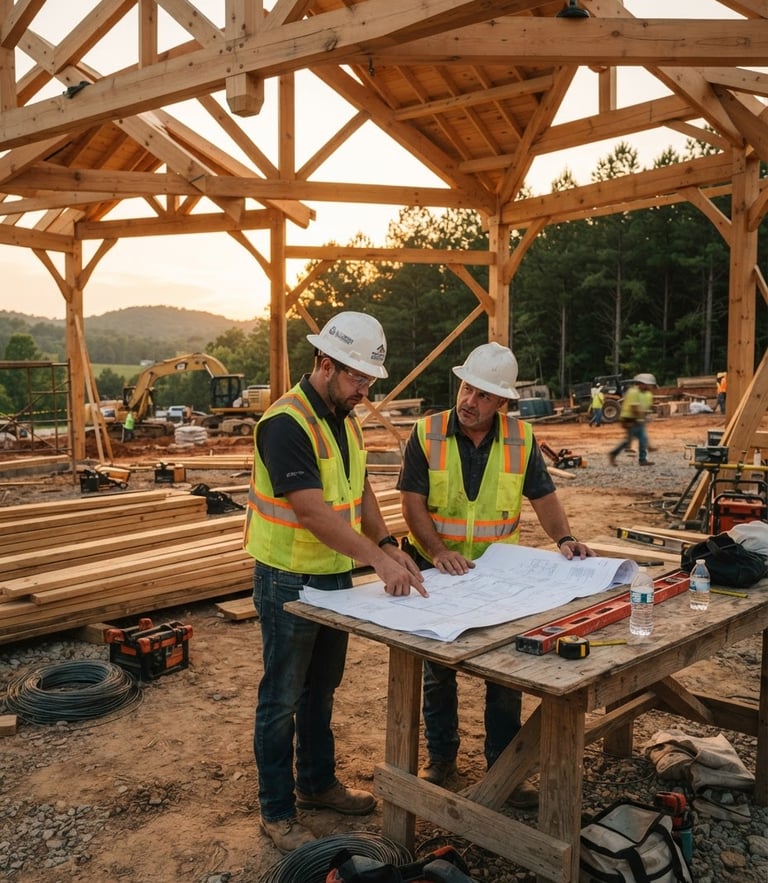 Wide environmental shot of an active construction site in Mississippi, workers in safety gear discussing blueprints over a timber frame under warm golden-hour sunlight