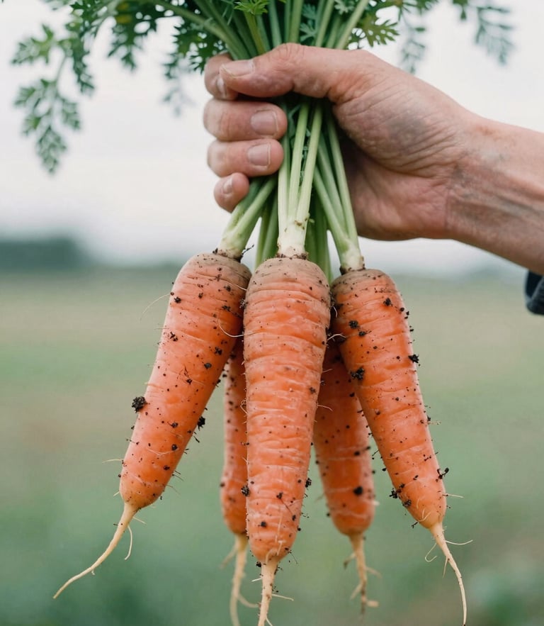 Close-up of weathered hands holding a bunch of freshly harvested heirloom carrots with soil still clinging to the roots, soft morning overcast light, 35mm film style.