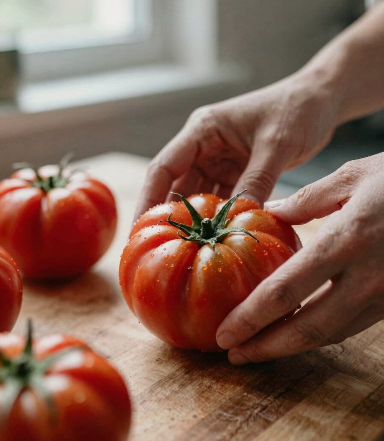 Close-up macro shot of hands preparing fresh heirloom tomatoes on a wooden prep table, soft natural window light, rustic kitchen setting, rich crimson tones, shallow depth of field