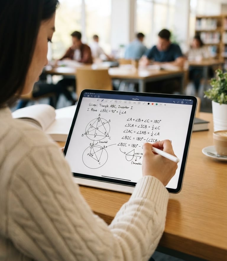 Over-the-shoulder shot of a modern tablet displaying neatly drawn geometric proofs and equations, warm natural daylight, crisp focus, professional educational setting.