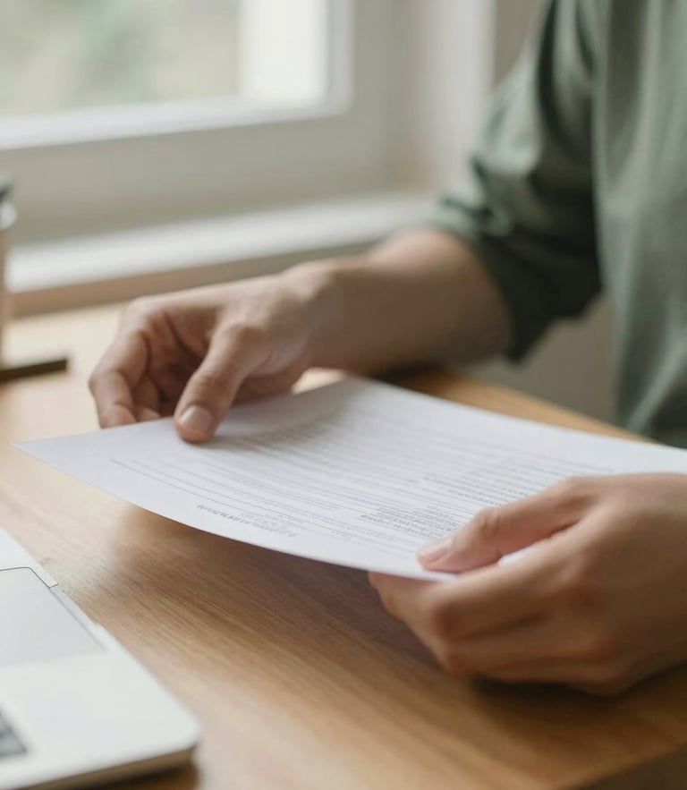 Close-up of hands reviewing a clean paper report on a wooden desk, soft natural window light, muted forest green accents, shallow depth of field.