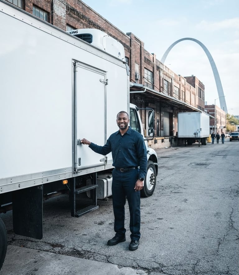 A professional driver in a clean uniform standing beside a clean white 26ft refrigerated box truck, bright morning daylight, St. Louis industrial background, 35mm lens